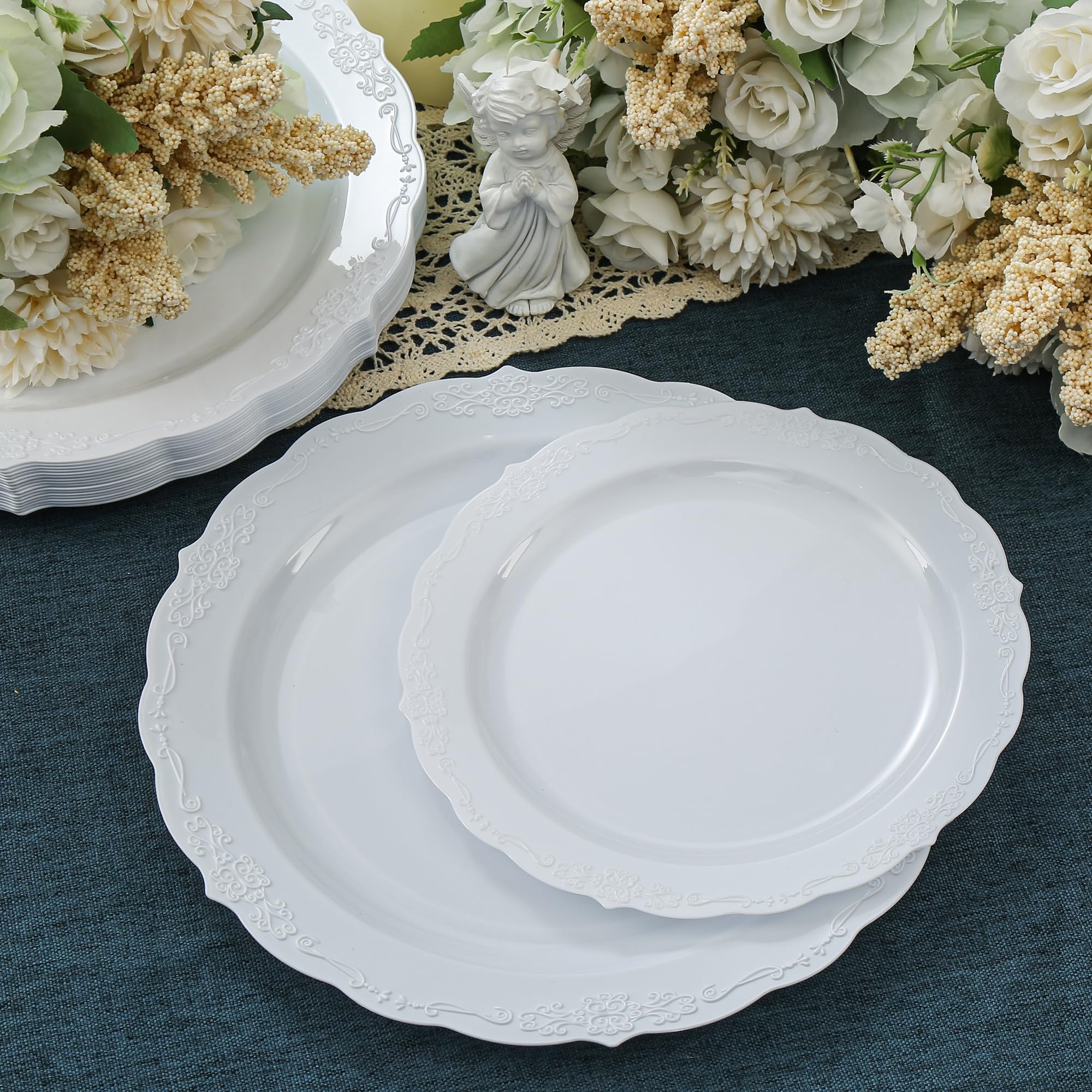 Upassion 100 Pieces White Plastic Plates - 10.25 inch White Dinner Disposable Plates - Premium Hard Disposable Dinner Plates - Party Supplies for Birthdays, Celebrations, Wedding and Events