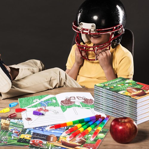 BenLouis 12 Football Mini Coloring Books Kids with 12 Stacking Crayons Sports Football Theme Party Favors Small Activity Books Bulk for Kids Super Football Bowl Party Gift Goodie Bag Stuffers