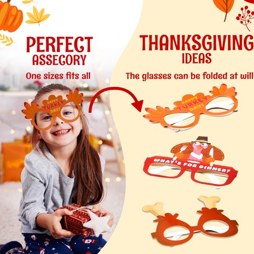 JOYIN 48 Pcs Thanksgiving Turkey Glasses, Turkey Eyewear Frame Pumpkin Maple Leaves Photo Props,Thanksgiving Eyeglasses for kids, Party Favors, Accessories(One Size Fits All)