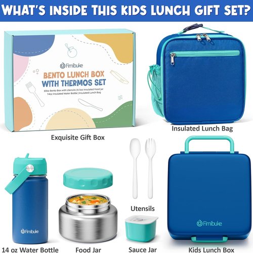 Fimibuke Kids Bento Lunch Box - Leakproof Insulated Food Jar & Water Bottle | 3-4 Compartment Design for School