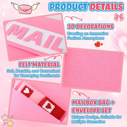 Libima Felt Mailbox with Envelopes Kids Valentine Mailbox Toy Mail Bag Gift Box Letter Greeting Cards Carrier 10 x 8 Inches for Boys Girls for Preschool Classroom Pretend Postman Mailman(Pink)