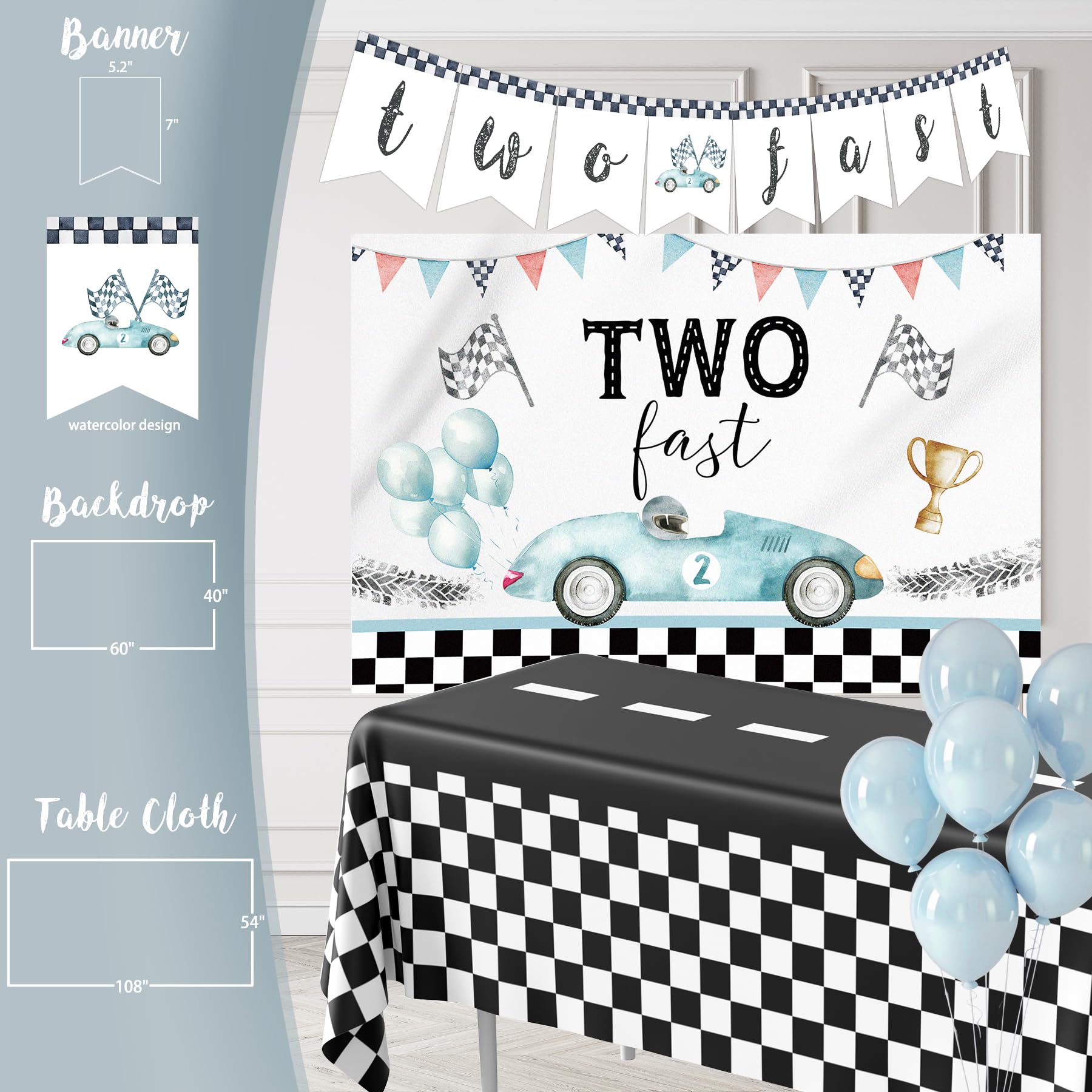 Two Fast Birthday Decorations, 2nd Birthday Decoration for Boys, Race Car Party Supplies for 2 Year Old with Balloon Garland Backdrop Tablecloth Box Crown Cake Topper