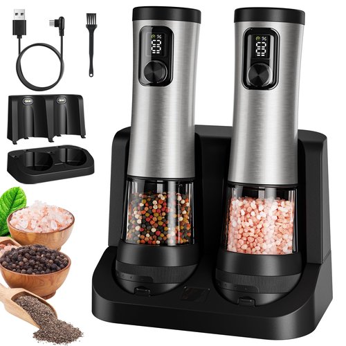 Electric Salt and Pepper Grinder Set, 2-Speed Setting, Stainless Steel Rechargeable Automatic Pepper Mill Shakers with USB Charging Base,100ml Large Capacity, External Adjustable Coarseness,LED Light