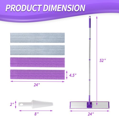 IVYROLL 24" Microfiber Mop for Floor Cleaning, Dry and Wet Floor Mop for Hardwood, Laminate, Tile, Vinyl, with 4 Washable Reusable Microfiber Pads