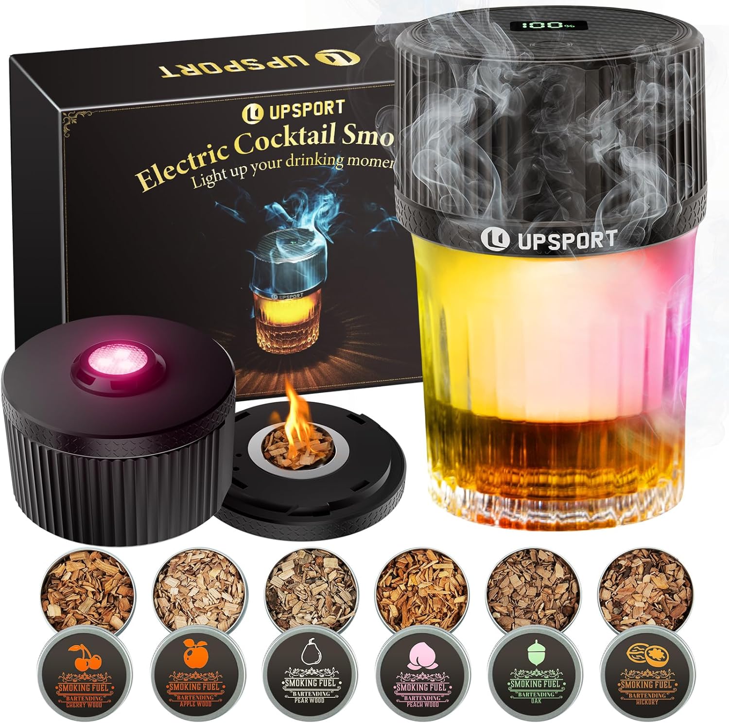 Old Fashioned Cocktail Smoker Kit - Rechargeable Electric Whiskey Smoker with 4 Light Modes & 6 Wood Chips