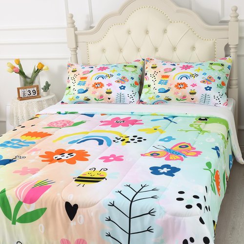 FUYEUN Rainbow Comforter Sets Full Size Cartoon Frogs Bedding Sets for Girls Kids Teens Boys Flowers Butterfly Bees Snails Insects Cute Kawaii Quilt 1 Comforter + 2 Pillow Cases