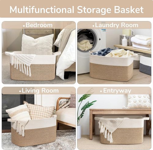 Goodpick Large Woven Blanket Basket - 21.6" x 14.9" x 11.8" Cotton Rope Storage for Living Room & Bedroom - White & Brown