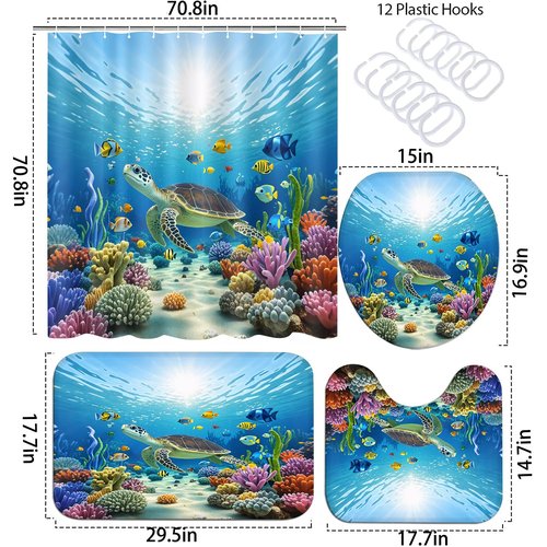 4PCS Sea Animal Shower Curtain Sets with Waterproof Shower Curtain, Non-Slip Bath Mat, Absorbent Rug, and Toilet Lid Cover, Sea Turtle Summer Home Bathroom Decor Set Independence Day, Easy to Maintain