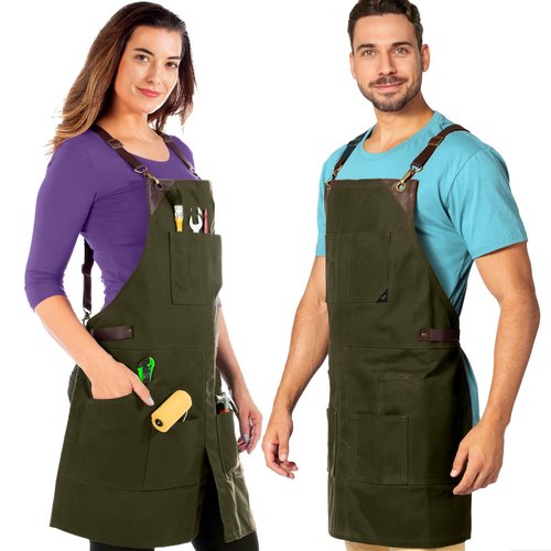 Under NY Sky Cargo Green Apron – Cross-Back with Leather Straps, Heavy-Duty Waxed Canvas and Split-Leg – Adjustable for Men and Women – Pro Woodworker, Mechanic, Blacksmith, Welder, Artist Aprons