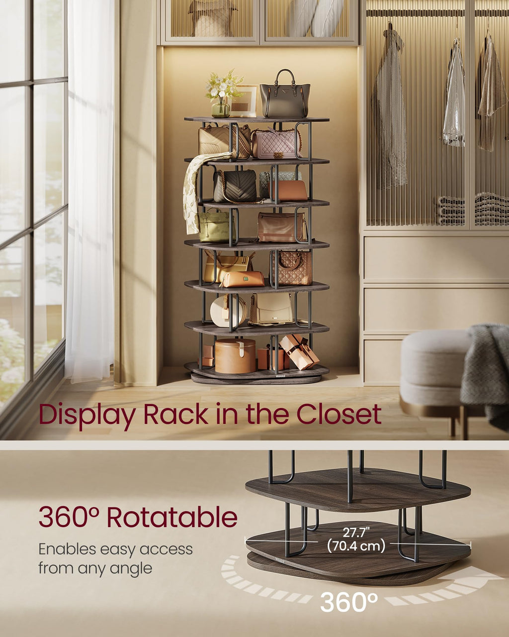 VASAGLE 7-Tier Shoe Rack, Rotating Shoe Rack Tower, Shoe Closet Organizer, Shoe Shelf, 28-35 Pairs, 23.6 x 23.6 x 47.2 Inches, for Entryway, Living Room, Closet, Ink Black and Ash Brown ULBS041B01
