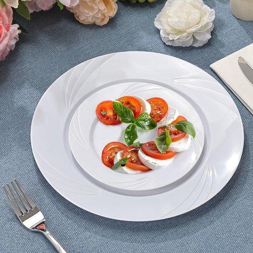 VajilaPhil 350-Piece White Swirls Plastic Dinnerware Set for 50 Guests, Elegant Disposable Dinnerware for Party, Wedding. Includes 10.25" Dinner Plates, 6.5" Dessert Plates, Silverware, Napkins, Cups