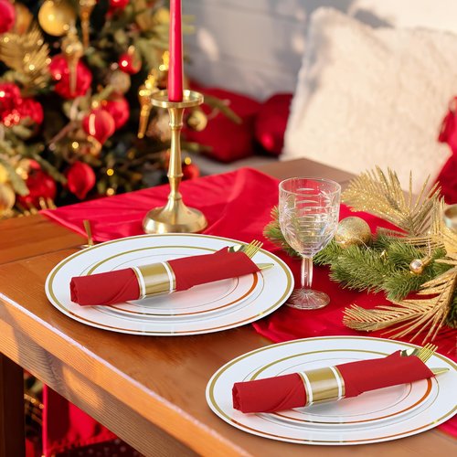 Pre Rolled Gold Plastic Silverware with Red Napkins, 100Pack Red Wrapped Cutlery with Napkin, Heavy Duty Prerolled Plastic Silverware, Rolled Cutlery with Christmas Napkins for Holiday