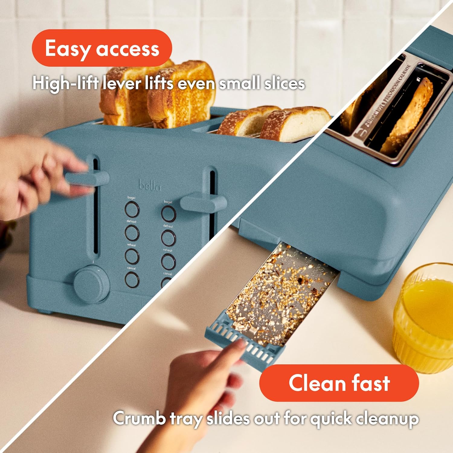 Bella 4 Slice Toaster - 6 Shade Settings with Reheat & Cancel | Removable Crumb Tray, 900 Watts, Surf Color
