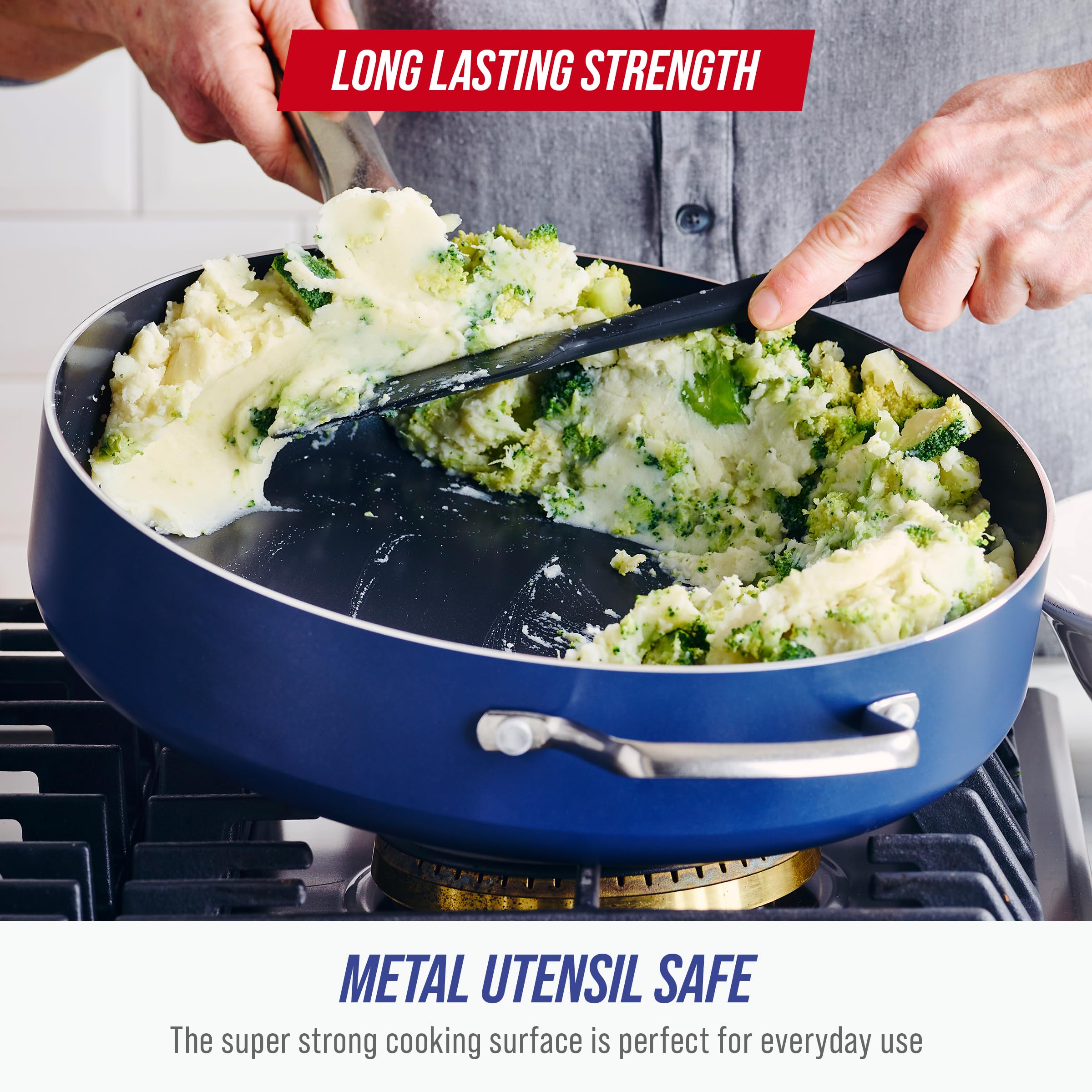 Blue Diamond 5QT Saute Pan with Lid, Non Toxic PFAS-Free Diamond Ceramic Nonstick, Dishwasher & Oven Safe, Metal Utensil Safe, Deep Jumbo Cooker Skillet with Helper Handle, Glass Lid, Blue