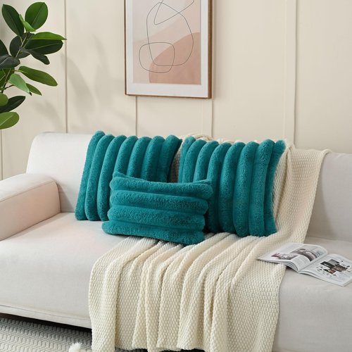 HAUSSY Faux Fur Throw Pillow Covers 18x18 Inch Set of 2,Decorative Striped Neutral Pillow Cases Soft Plush Couch Pillow Covers,Home Decor for Sofa,Bed, Living Room,Teal