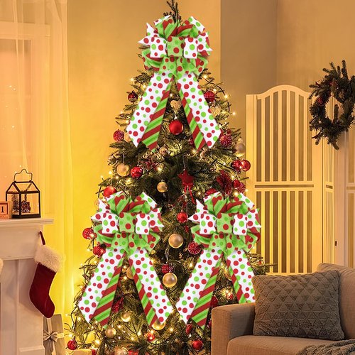 2 Pack Red Green Christmas Bows for Wreaths, Pre-Assembled 10 x 18 Inch Large Christmas Tree Topper Bow Ribbon Xmas Decorations Glitter Polka Dots Ornaments for Trees Garlands Indoor Outdoor Decors