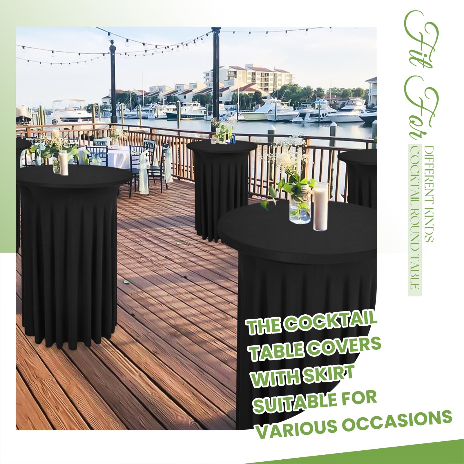 LOKUME 6 Pack Round Cocktail Table Skirts 32 x 43 Inch Black Spandex Cocktail Table Covers with Wavy Drapes Stretch Fitted Round High Top Tablecloths for Wedding Bar Party Banquet