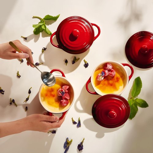 Kook Mini Cocotte Set - 12 oz Individual Casserole Dishes with Lids & Handles | Oven & Microwave Safe, Crimson Ombre, Set of 4