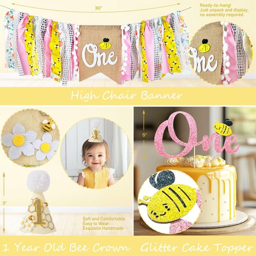 Fiesec First Bee Day Decorations Girl – 108PCs Honey Bee Themed 1st Birthday Party Supplies with So Sweet to Bee One Backdrop, Banner, Pink Yellow Balloon Garland Kit, Tablecloth