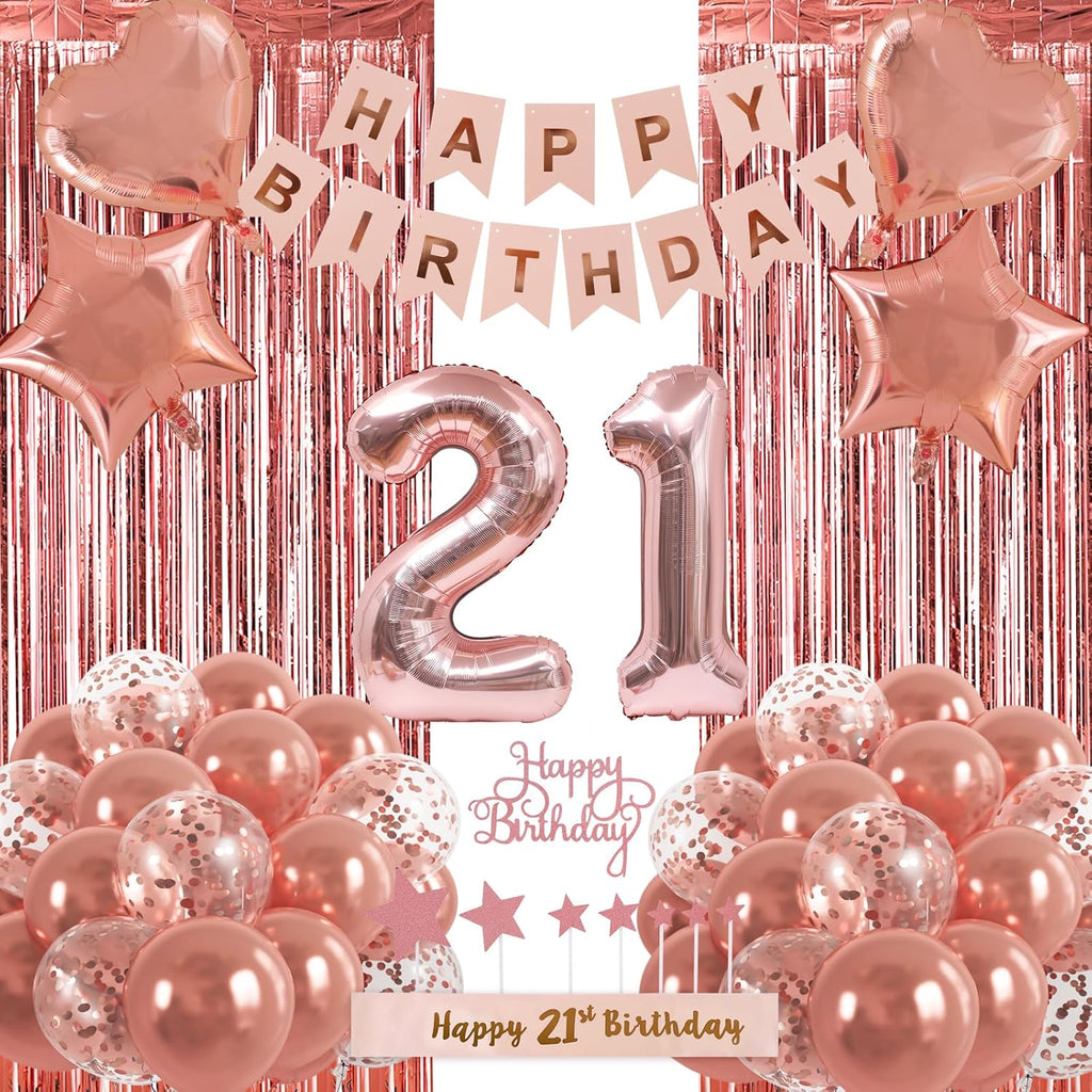 RUBFAC 21st Birthday Decorations - Elegant Rose Gold Sweet 21 Party Kit with Banner & Balloons