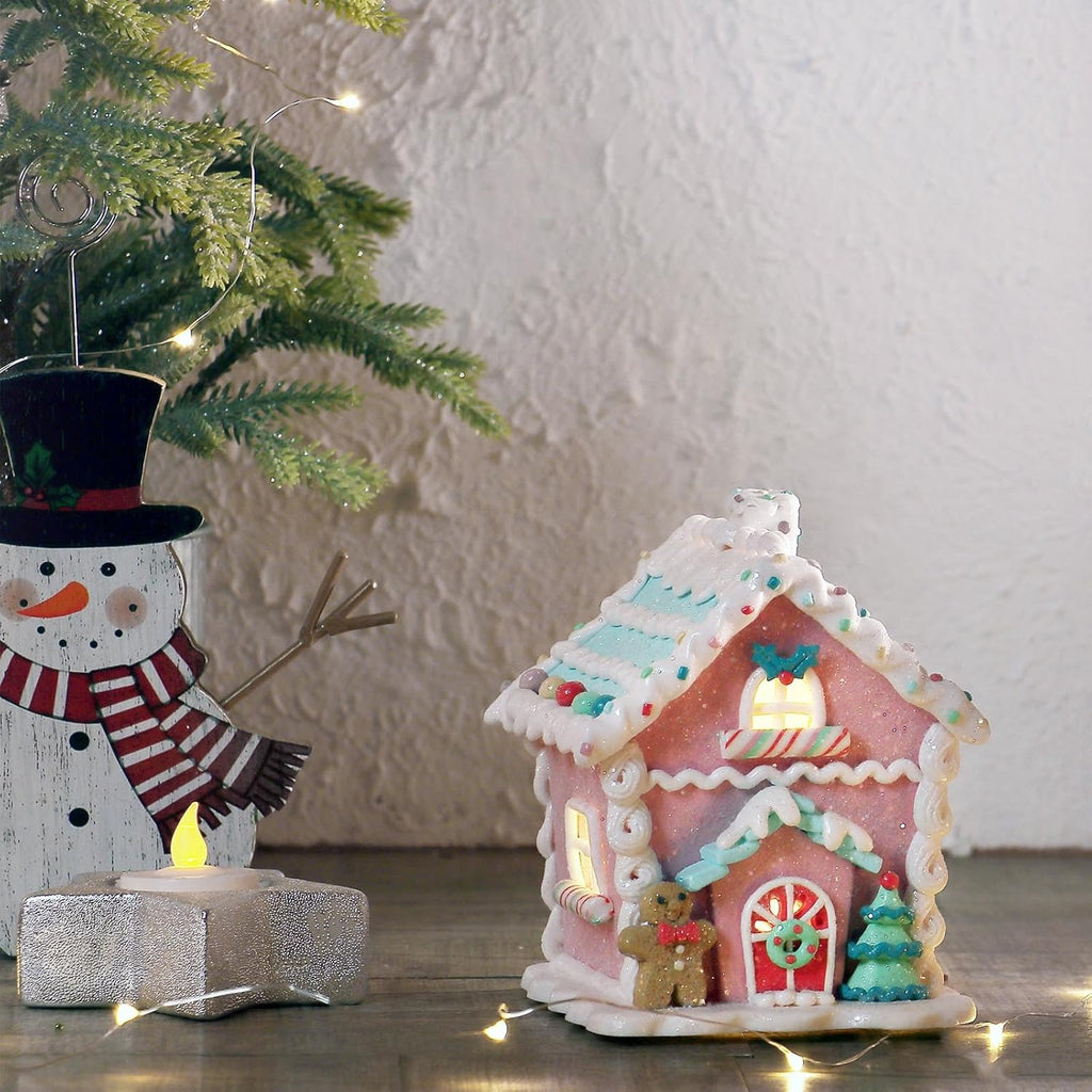 Regine Switzerland LED Gingerbread House Christmas Decorations - 5.9" Ornaments with Cookie & Pine Tree