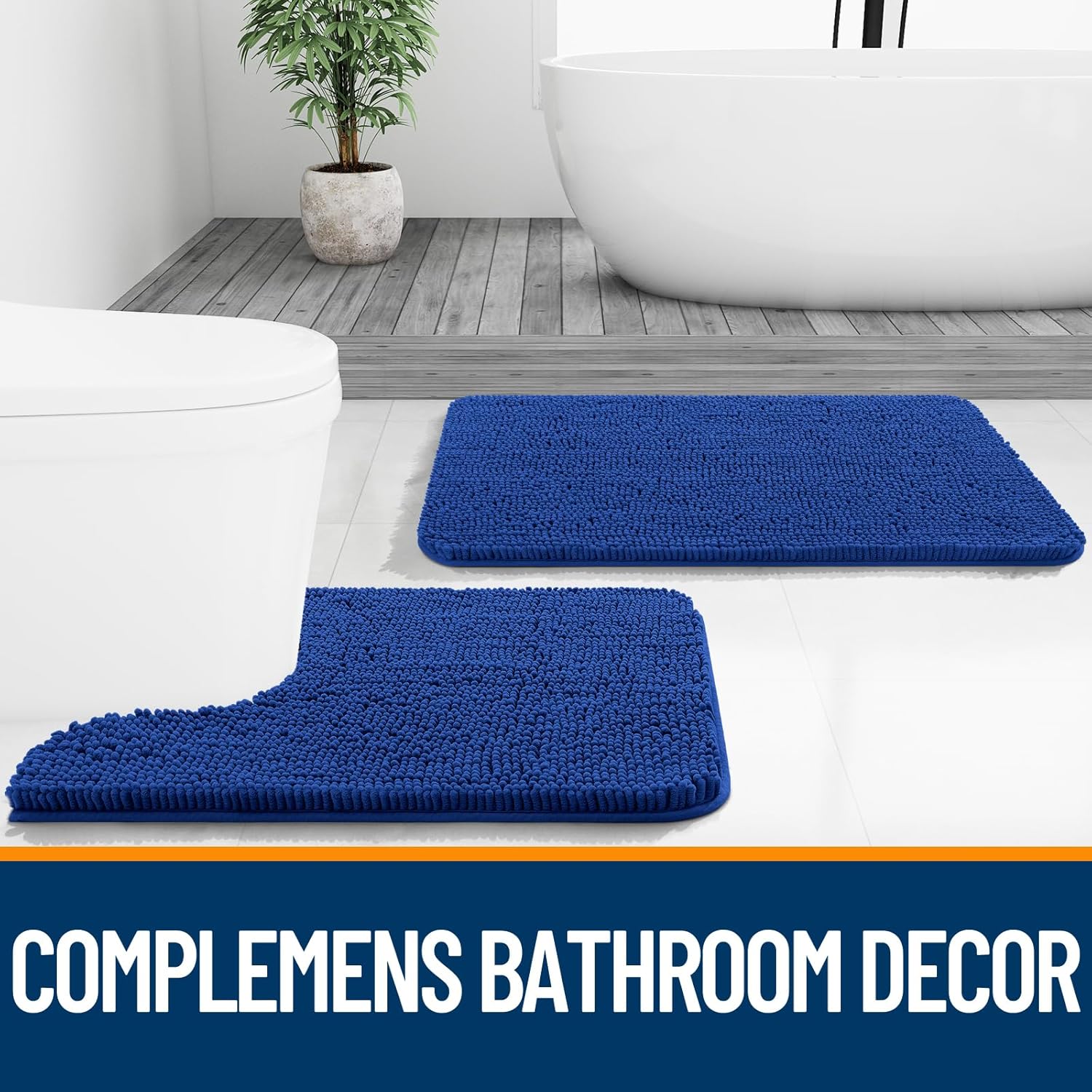 OLANLY Bath Rugs - Extra Soft Chenille, Quick-Dry, Machine Washable | 24x16 Royal Blue Bathroom Mats