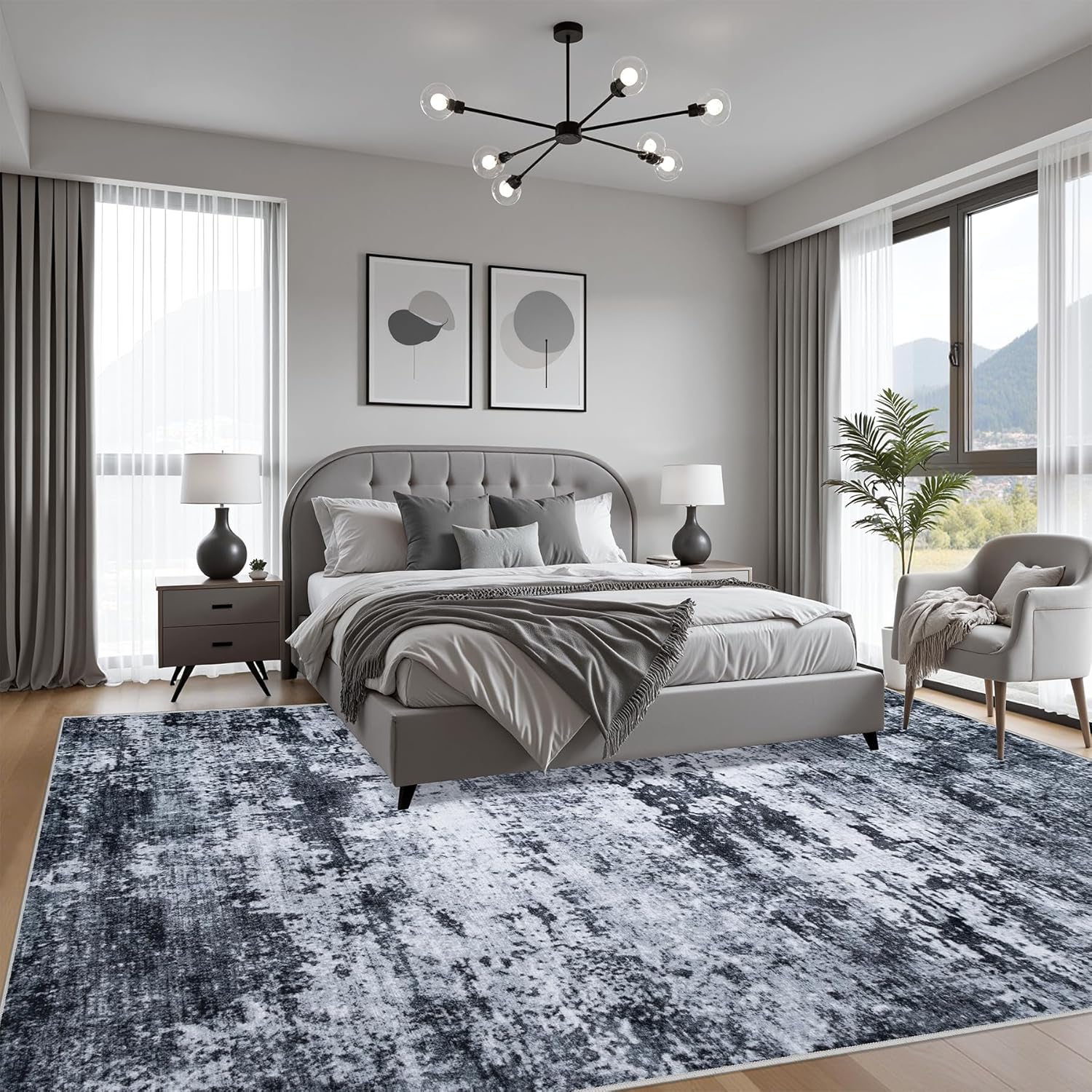 Skiennix 5x7 Area Rug - Washable Modern Abstract Design | Soft, Stain-Resistant Carpet for Living Room, Bedroom, Office - Black