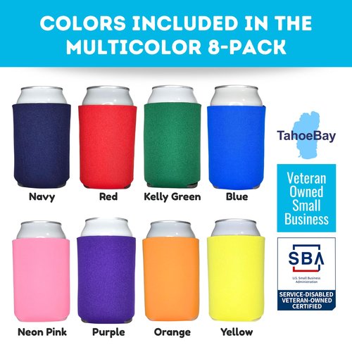 TahoeBay Blank Beer Can Cooler Sleeves (8-Pack) Bulk Sublimation Blanks for Vinyl Plain Soft Foam Can Sleeves Coolers for Soda Cans & Bottles Black, White, Solid Color (Multicolor, Regular 12oz)