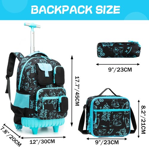 Meetbelify Boys Rolling Backpack with Wheels Kids Travel Luggage with Lunch Box Pencil Case for Elementary Students 18inch Carry on Suitcase for Boys Ages 8-10