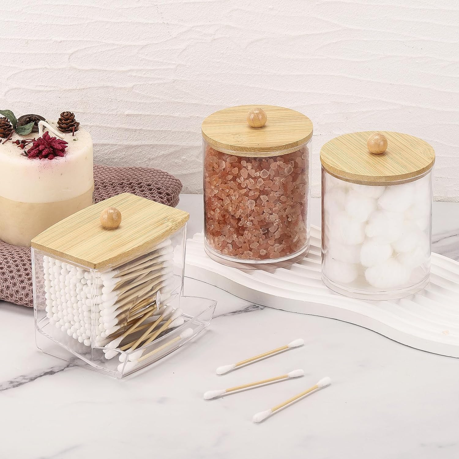 Tbestmax Cotton Swab Dispenser - Stylish Bathroom Organizer with Bamboo Lid | 10/12 oz Apothecary Jar