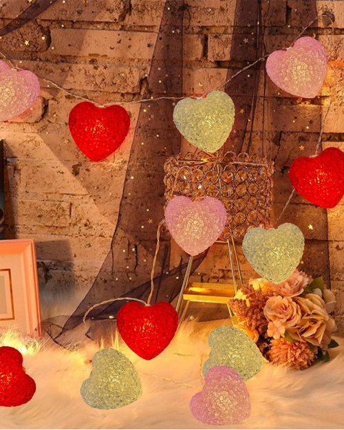 Valentines Decor Lights Battery Operated 6.9FT 10 LED Red Pink White Heart String Lights with Timer, 8 Modes Valentine's Day Light Romantic Heart Fairy Light for Home Bedroom Valentines Wedding Decor