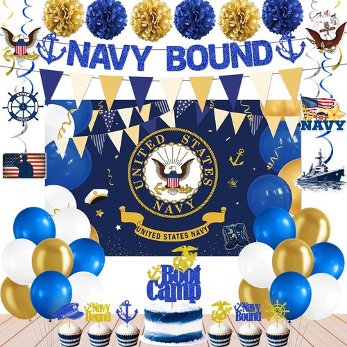 Navy Party Decorations - Navy Bound Banner Boot Camp Decor Military Themed Banner Boot Camp Bound Cupcake Topper Military Backdrop Balloons Tissue Pompoms Swirls