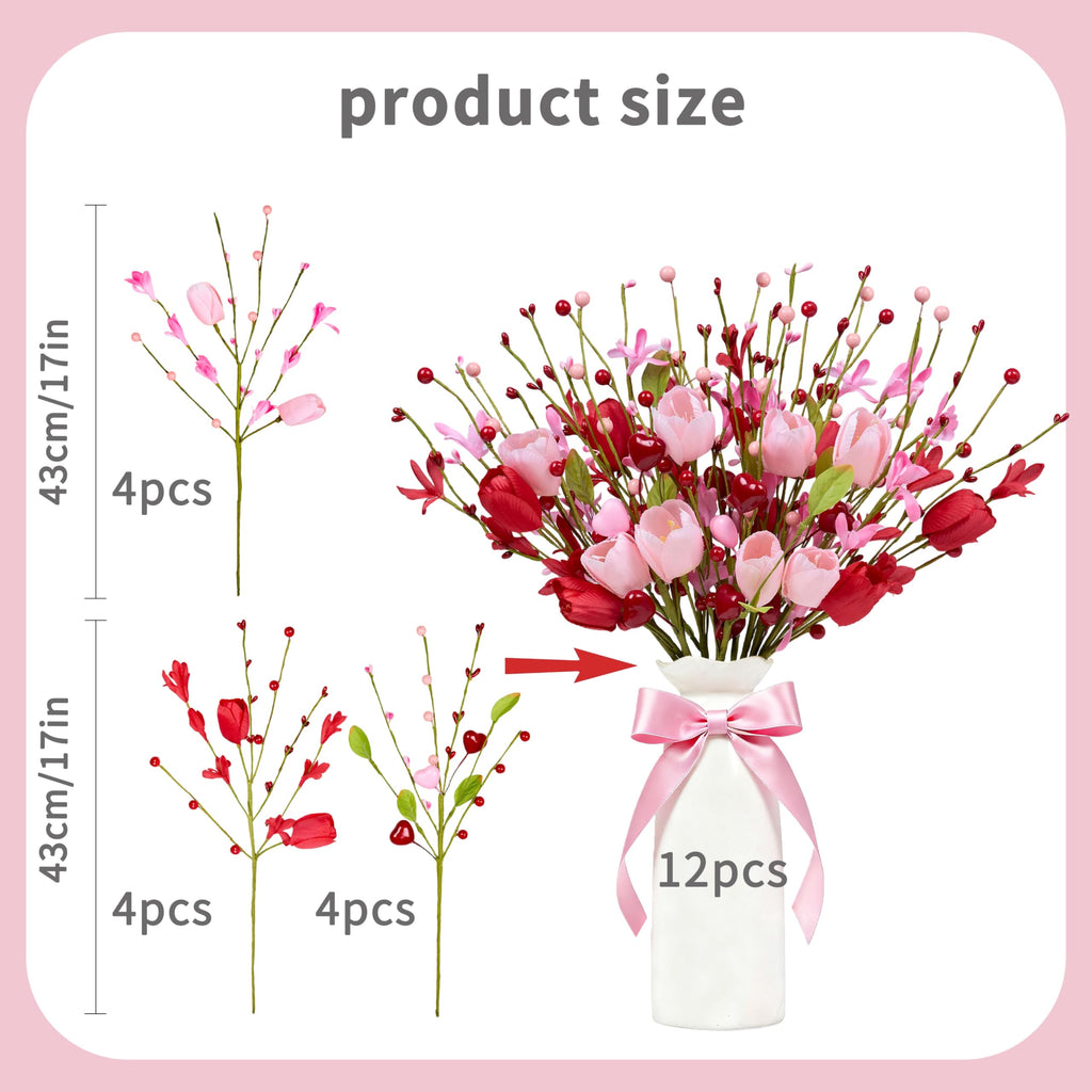 WSTPUPU Valentine's Day Gifts 12 Pack Artifcial Valentine Decorations 17 Inch Valentines Day Pink Picks with Red Tulip Pink Love Heart Berries for Valentine Wedding Anniversary Party Decor