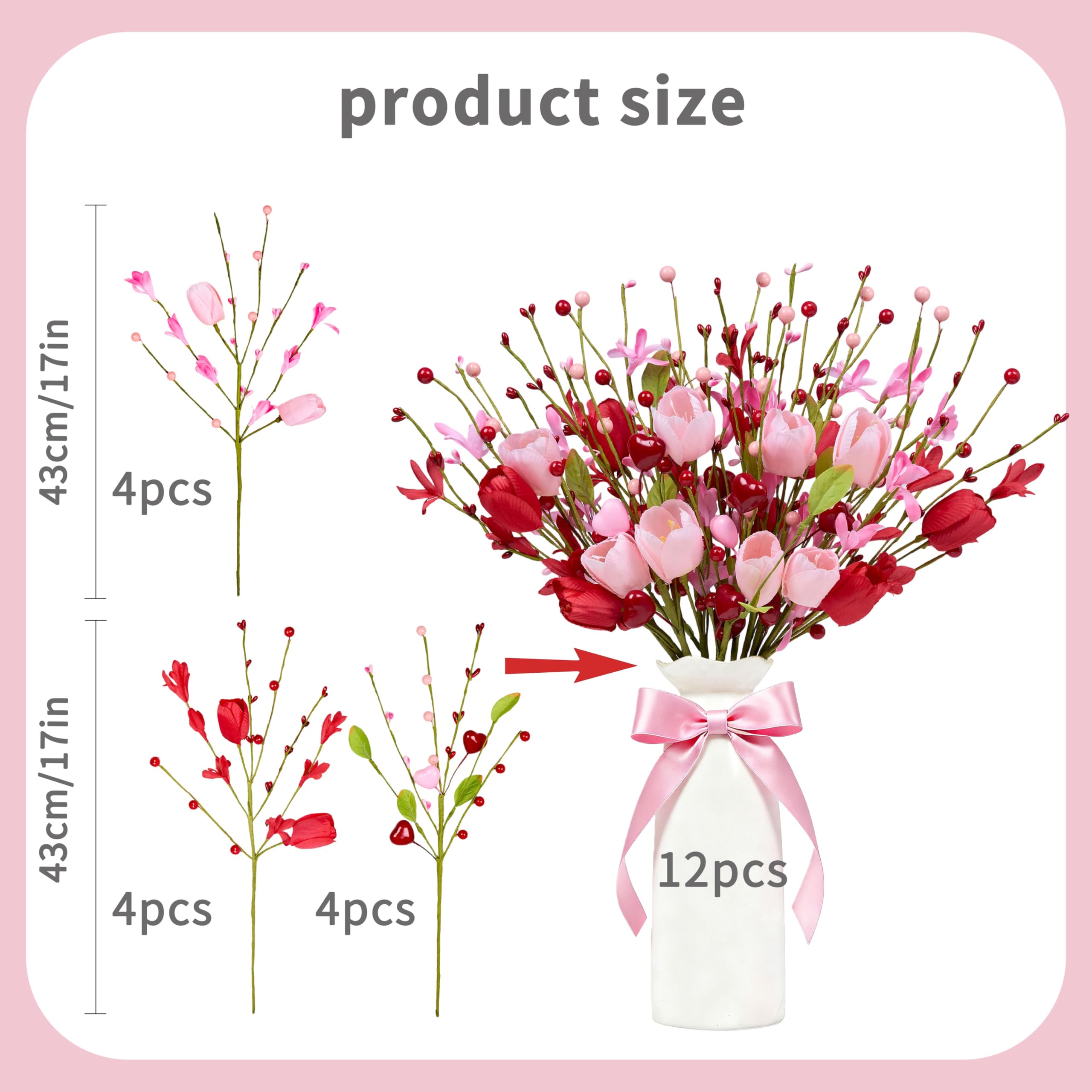 WSTPUPU Valentine's Day Gifts 12 Pack Artifcial Valentine Decorations 17 Inch Valentines Day Pink Picks with Red Tulip Pink Love Heart Berries for Valentine Wedding Anniversary Party Decor