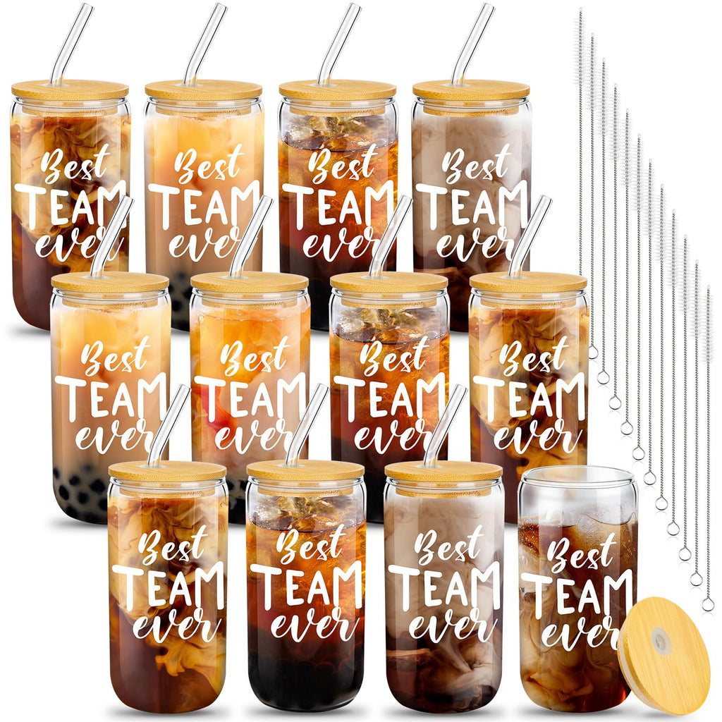 Purpeak 12 Set Employee Appreciation Gifts Thank You Glass Cups Gifts for Staff Coworker Appreciation Cups 16 oz Can Shaped Beer Glass with Lids Straws Brushes for Teacher Nurse(Best Team Ever)