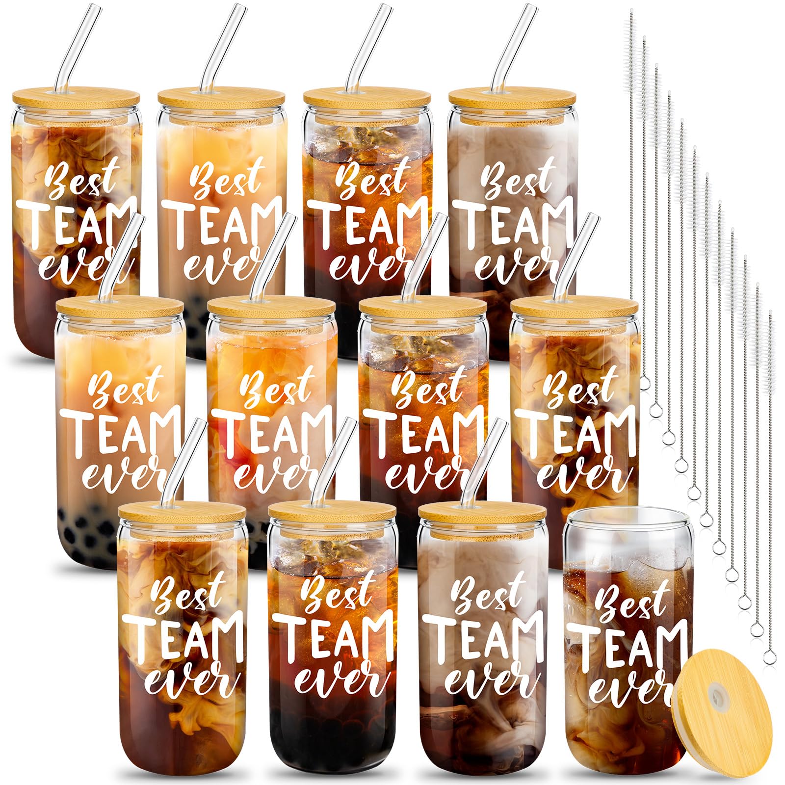 Purpeak 12 Set Employee Appreciation Gifts Thank You Glass Cups Gifts for Staff Coworker Appreciation Cups 16 oz Can Shaped Beer Glass with Lids Straws Brushes for Teacher Nurse(Best Team Ever)