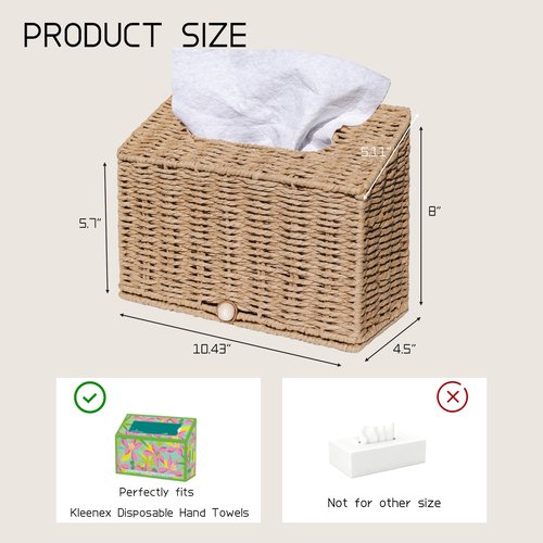 Furrywise Tissue Box Cover Compatible with Kleenex Hand Towels, Paper Rope Hand Towel Holder for Bathroom, Kitchen and Bathroom, 10.43" L x 4.5" W x 8" H in, Natural