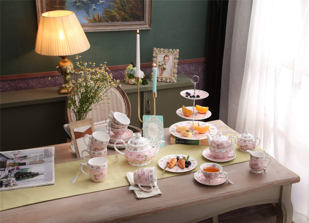 London Boutique Cake Plate Set 4 Porcelain Fine China Wide Rimmed Shabby Chic (Rose Pink)