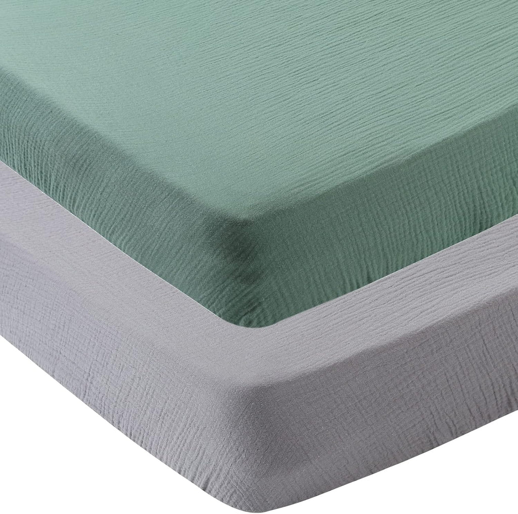Onacosht Muslin Crib Sheets - Soft, Breathable 100% Cotton Fitted Sheets | 52" x 28" | 2-Pack in Grey & Green