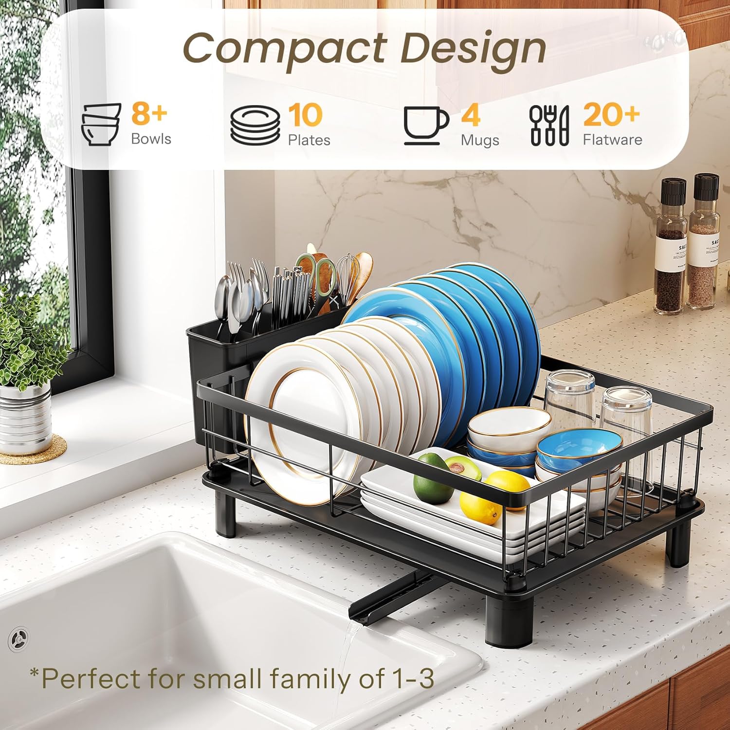 SNTD Dish Drying Rack - Space-Saving Stainless Steel Kitchen Dish Drainer with Utensil Holder | 11" W x 15" L (Black)