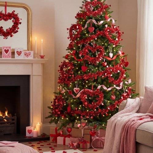 Lyrow 12 Pcs Red Valentine Heart Tree Ornaments Valentine Heart Wreaths Tinsel Hanging Love Decorations Romantic Tree Ornaments for Wedding Window Home Wall