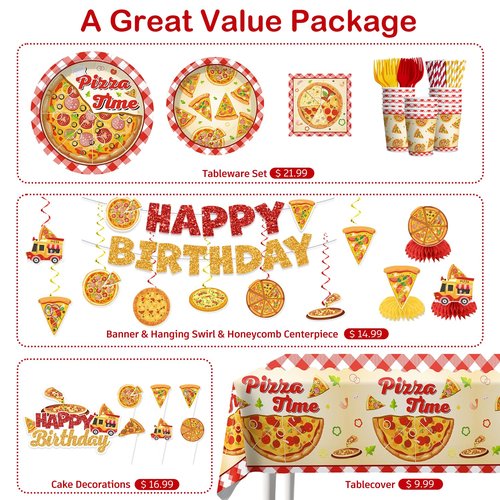 Xynic 191pcs Pizza Party Decorations Tableware Set Serves 25 Pizza Birthday Party Decorations, Disposable Pizza Themed Plates and Napkins Set, with Cakes Toppers, Banner and Tablecloths