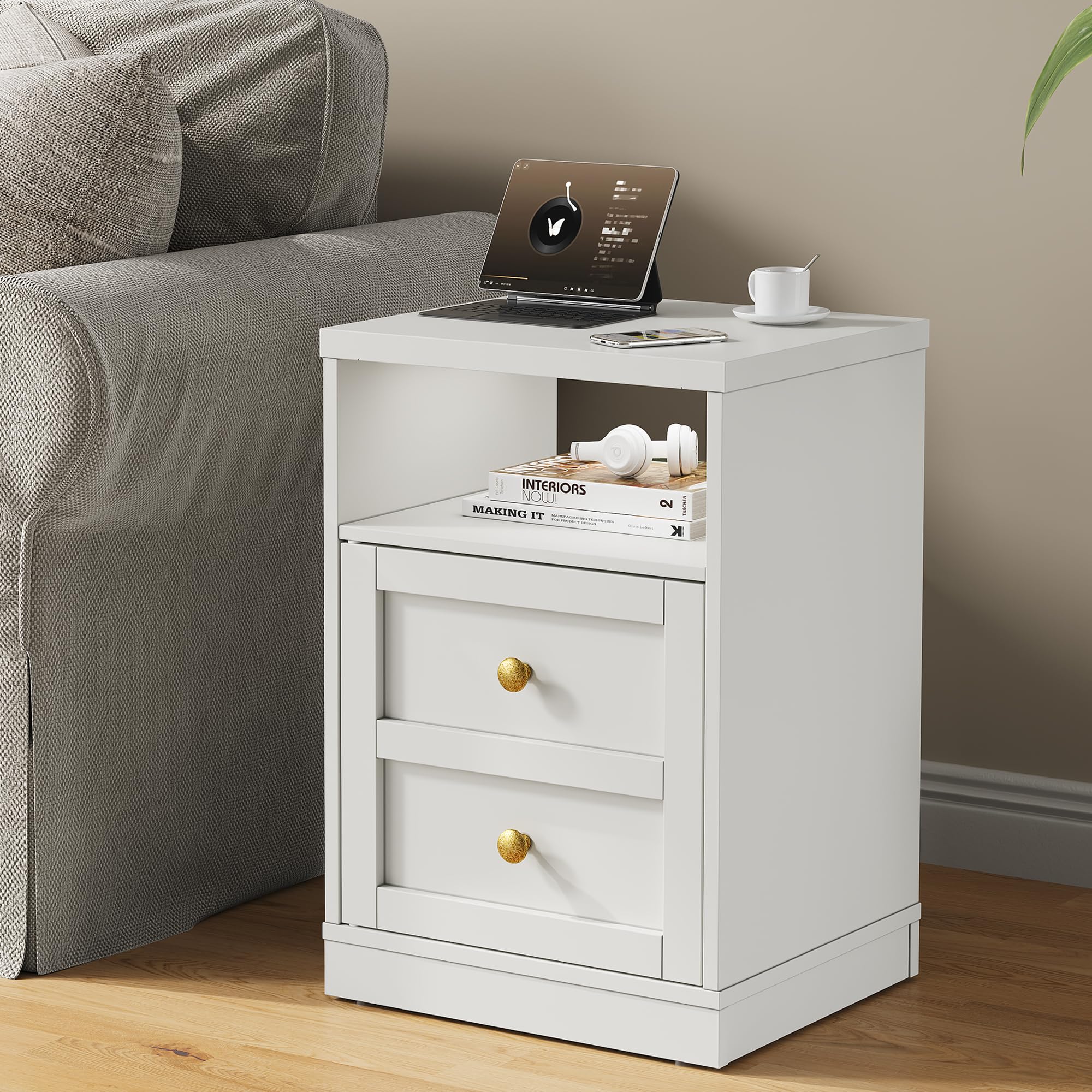 RoyalCraft White Nightstand with Storage Shelf and Door, Faux Two-Drawer Design Side Table, Modern Night Stand for Bedroom Dorm, Wood End Table for Small Spaces