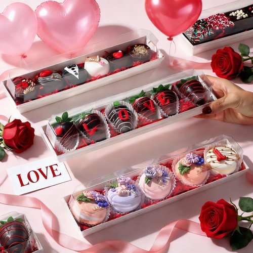 JCXGRVC 50 Pack 12 x 2.8 x 2.4 Inches Chocolate Covered Strawberries Boxes Macaron Boxes with Clear Lids 12 Inches Long Bakery boxes with Window for Chocolate truffle Cocoa Bombs,Cookies