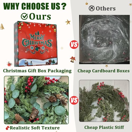 6ft Christmas Garland with Lights Artificial Cedar Cypress Garland with Pine Cones Garland for Home Fireplace Wall Indoor Outdoor Holiday Party Decoration