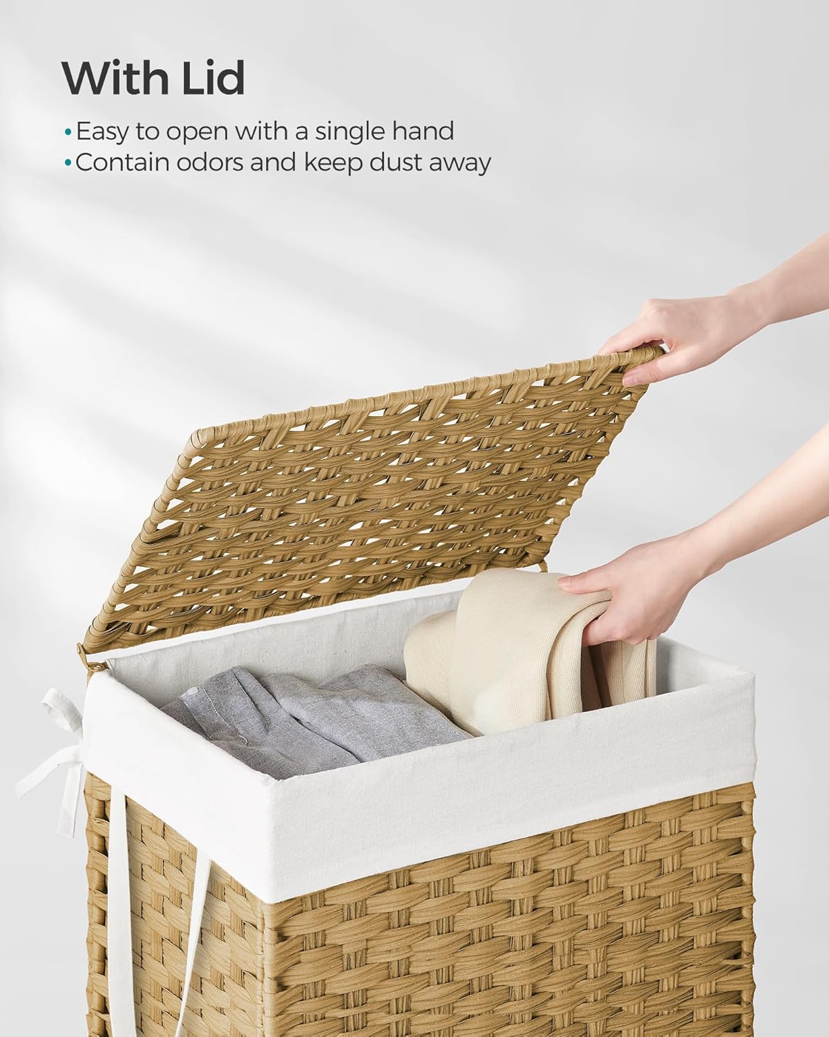 SONGMICS Laundry Hamper - 23.8 Gallon Synthetic Rattan Basket with Lid & Handles | Foldable, Goose Yellow