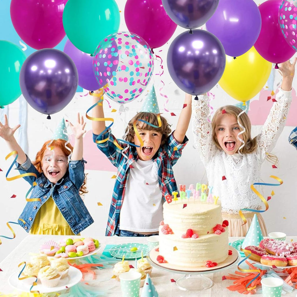 Skiennix 60 Pcs 12-Inch Hot Pink, Purple & Teal Balloons - Metallic Confetti for Kids' Birthday Parties