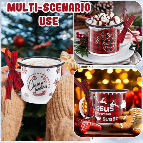 Sliner 12 Pcs Christmas Mini Coffee Mugs Bulk with Ribbon Plaid 8.5 oz Xmas Enamelware Metal Mug with Black Rim for Home Tiered Tray Table Kitchen Decoration Housewarming Gifts(Lovely)