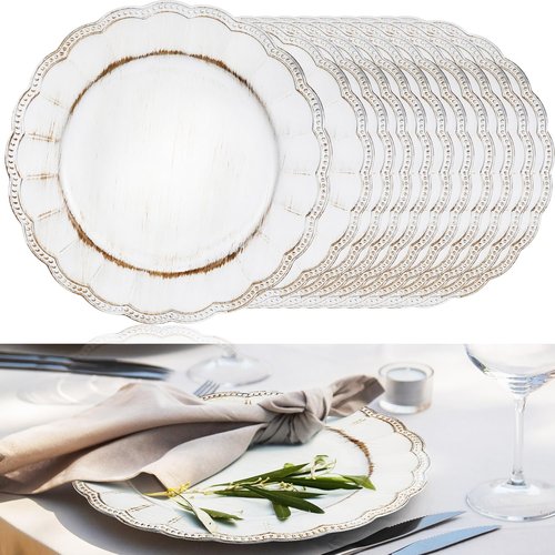 Dandat 18 Pcs Antique Charger Plates 13'' Retro Dinner Round Bead Rim Heavyweight Embossed Plastic Disposable Plate for Wedding Bridal Anniversary Easter First Communion Birthday(White)