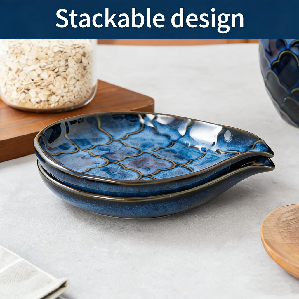 Spoon Rests, Large Ceramic Spoon Holder for Kitchen Counter, Farmhouse Cooking Utensil Holder for Spoons, Ladles, Spatula - Cooking Kitchen Spoon Rest Spatula Rest, 6 inch (Reactive Glaze Blue)